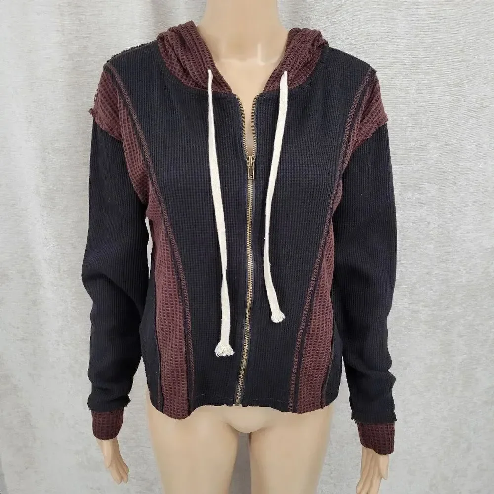 POL Brown and Black Waffle Knit Full Zip Hooded Jacket Sweatshirt Women's Small